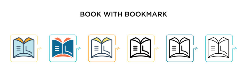 Book with bookmark vector icon in 6 different modern styles. Black, two colored book with bookmark icons designed in filled, outline, line and stroke style. Vector illustration can be used for web,