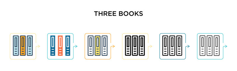 Three books vector icon in 6 different modern styles. Black, two colored three books icons designed in filled, outline, line and stroke style. Vector illustration can be used for web, mobile, ui