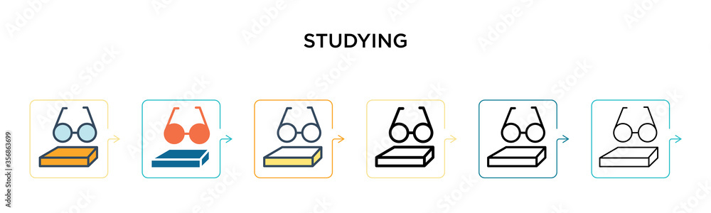Poster studying vector icon in 6 different modern styles. black, two colored studying icons designed in fil