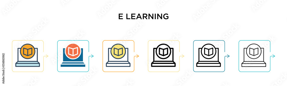 Poster e learning vector icon in 6 different modern styles. black, two colored e learning icons designed in
