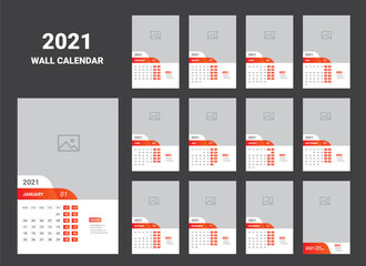 Calendar planner template for 2021 year. Stationery Design. Week starts on Monday. Set of 12 months. Vector Illustration