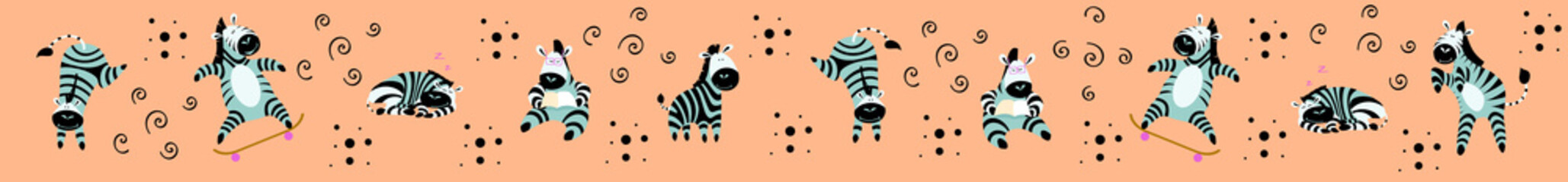 Long web banner with cute cartoon zebras. Social media cover image. Flat vector illustration.