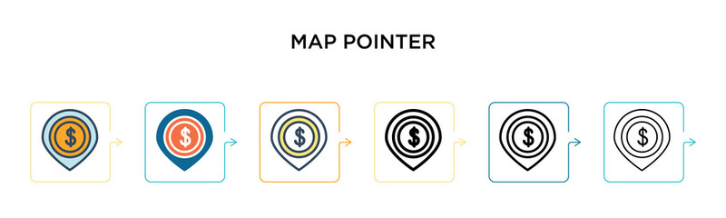 Map pointer vector icon in 6 different modern styles. Black, two colored map pointer icons designed in filled, outline, line and stroke style. Vector illustration can be used for web, mobile, ui