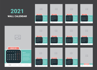Calendar planner template for 2021 year. Stationery Design. Week starts on Monday. Set of 12 months. Vector Illustration