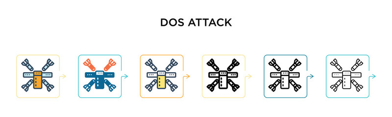 Dos attack vector icon in 6 different modern styles. Black, two colored dos attack icons designed in filled, outline, line and stroke style. Vector illustration can be used for web, mobile, ui