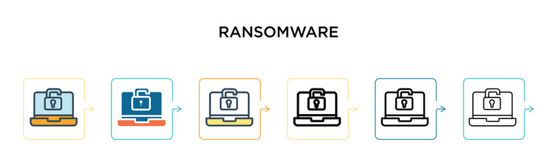 Ransomware vector icon in 6 different modern styles. Black, two colored ransomware icons designed in filled, outline, line and stroke style. Vector illustration can be used for web, mobile, ui