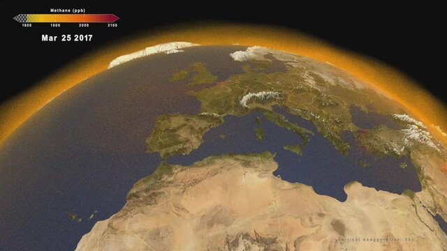 Time lapse animation of global atmospheric methane emission to study greenhouse effect in Europe during 2017. Elements of this image furnished by NASA