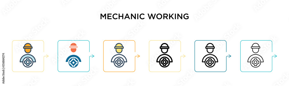 Poster mechanic working vector icon in 6 different modern styles. black, two colored mechanic working icons