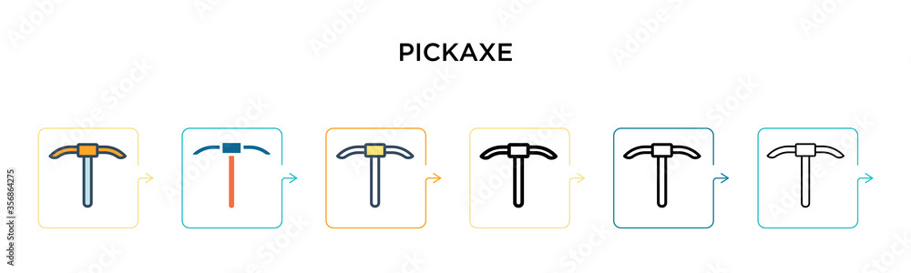 Poster pickaxe vector icon in 6 different modern styles. black, two colored pickaxe icons designed in fille
