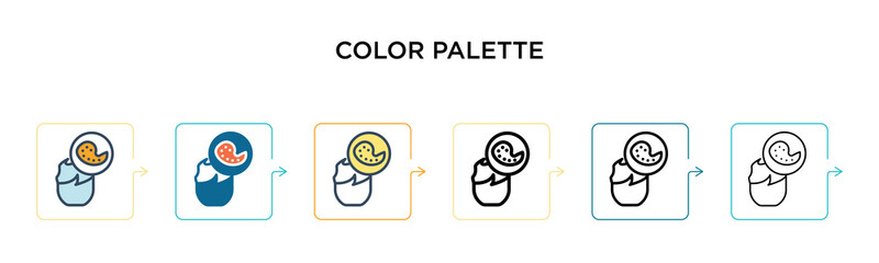 Color palette vector icon in 6 different modern styles. Black, two colored color palette icons designed in filled, outline, line and stroke style. Vector illustration can be used for web, mobile, ui