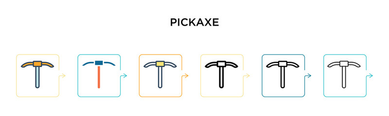 Pickaxe vector icon in 6 different modern styles. Black, two colored pickaxe icons designed in filled, outline, line and stroke style. Vector illustration can be used for web, mobile, ui