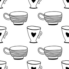 Tea and coffee mugs. Seamless pattern. Black and white illustration for coloring book