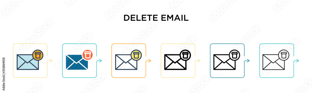 Poster delete email vector icon in 6 different modern styles. black, two colored delete email icons designe