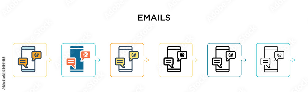 Poster emails vector icon in 6 different modern styles. black, two colored emails icons designed in filled,