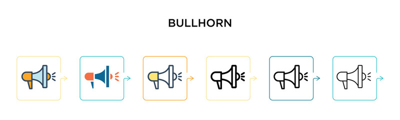 Bullhorn vector icon in 6 different modern styles. Black, two colored bullhorn icons designed in filled, outline, line and stroke style. Vector illustration can be used for web, mobile, ui