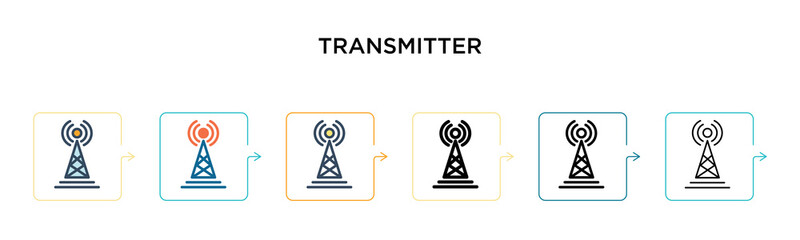 Transmitter vector icon in 6 different modern styles. Black, two colored transmitter icons designed in filled, outline, line and stroke style. Vector illustration can be used for web, mobile, ui