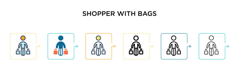 Shopper with bags vector icon in 6 different modern styles. Black, two colored shopper with bags icons designed in filled, outline, line and stroke style. Vector illustration can be used for web,