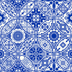 Majolica pottery tile, blue and white azulejo, original traditional Portuguese and Spain decor. Seamless patchwork tile with Victorian motives. Vector illustration.