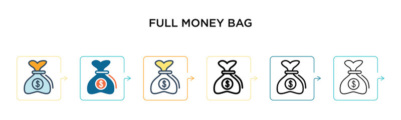 Full money bag vector icon in 6 different modern styles. Black, two colored full money bag icons designed in filled, outline, line and stroke style. Vector illustration can be used for web, mobile, ui