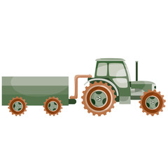 transport tractor with trailer for agricultural work, flat, cartoon illustration, isolated object on a white background, vector illustration,