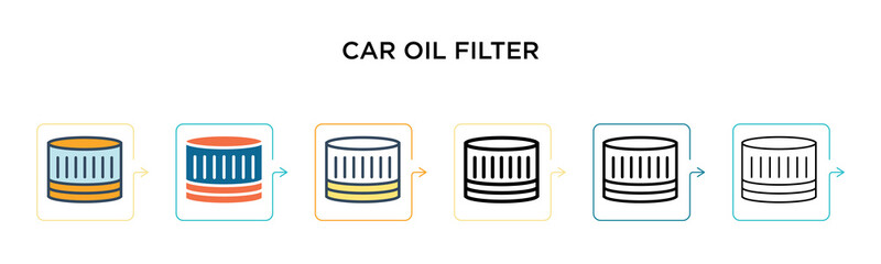 Car oil filter vector icon in 6 different modern styles. Black, two colored car oil filter icons designed in filled, outline, line and stroke style. Vector illustration can be used for web, mobile, ui