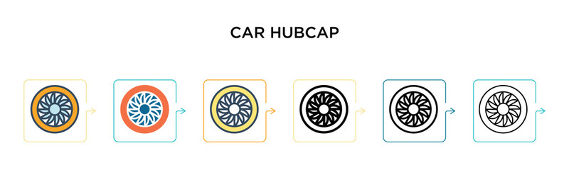 Car hubcap vector icon in 6 different modern styles. Black, two colored car hubcap icons designed in filled, outline, line and stroke style. Vector illustration can be used for web, mobile, ui