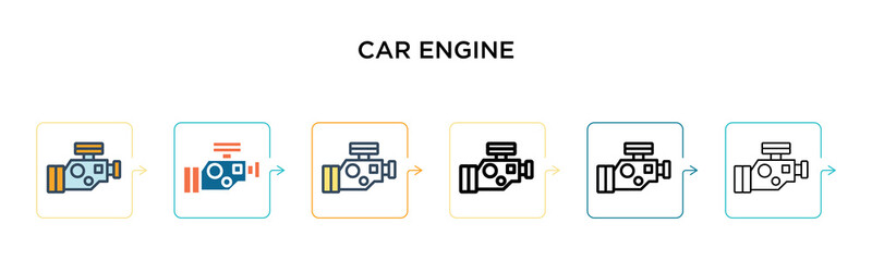 Car engine vector icon in 6 different modern styles. Black, two colored car engine icons designed in filled, outline, line and stroke style. Vector illustration can be used for web, mobile, ui