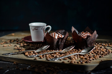 chocolate muffins on the table with a cup of coffee