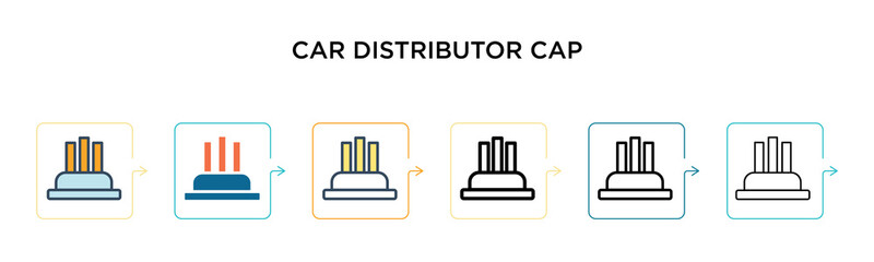 Car distributor cap vector icon in 6 different modern styles. Black, two colored car distributor cap icons designed in filled, outline, line and stroke style. Vector illustration can be used for web,