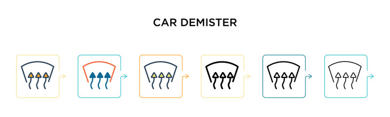 Car demister vector icon in 6 different modern styles. Black, two colored car demister icons designed in filled, outline, line and stroke style. Vector illustration can be used for web, mobile, ui
