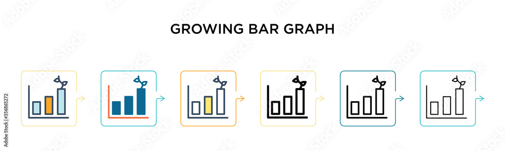 Poster growing bar graph vector icon in 6 different modern styles. black, two colored growing bar graph ico