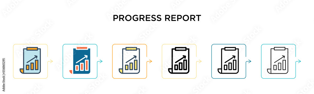 Poster progress report vector icon in 6 different modern styles. black, two colored progress report icons d