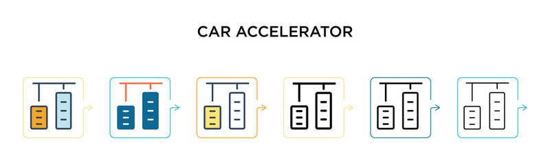 Car accelerator vector icon in 6 different modern styles. Black, two colored car accelerator icons designed in filled, outline, line and stroke style. Vector illustration can be used for web, mobile,