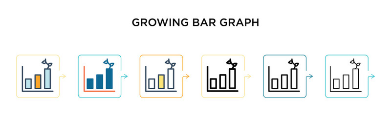 Growing bar graph vector icon in 6 different modern styles. Black, two colored growing bar graph icons designed in filled, outline, line and stroke style. Vector illustration can be used for web,