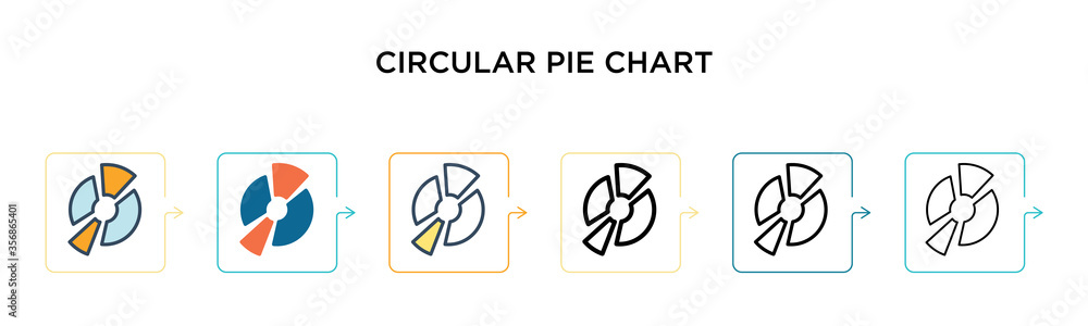 Poster circular pie chart vector icon in 6 different modern styles. black, two colored circular pie chart i