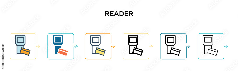 Poster reader vector icon in 6 different modern styles. black, two colored reader icons designed in filled,
