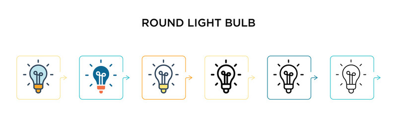 Round light bulb vector icon in 6 different modern styles. Black, two colored round light bulb icons designed in filled, outline, line and stroke style. Vector illustration can be used for web,