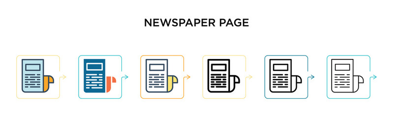 Newspaper page vector icon in 6 different modern styles. Black, two colored newspaper page icons designed in filled, outline, line and stroke style. Vector illustration can be used for web, mobile, ui