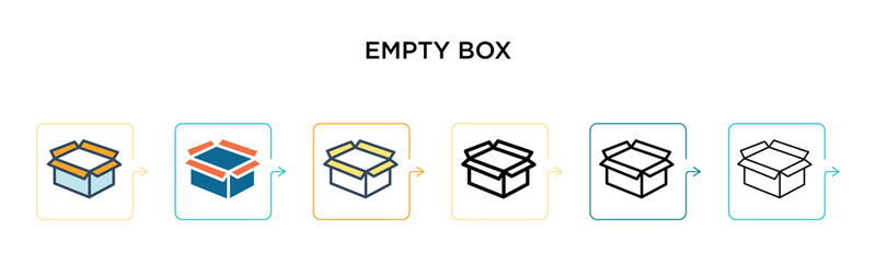 Empty box vector icon in 6 different modern styles. Black, two colored empty box icons designed in filled, outline, line and stroke style. Vector illustration can be used for web, mobile, ui
