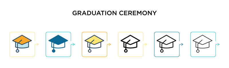 Graduation ceremony vector icon in 6 different modern styles. Black, two colored graduation ceremony icons designed in filled, outline, line and stroke style. Vector illustration can be used for web,