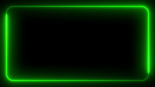Glowing neon green frame on an isolated black background. Empty neon signboard, billboard fluorescent light glowing on banner background. Rectangle with rounded edges.