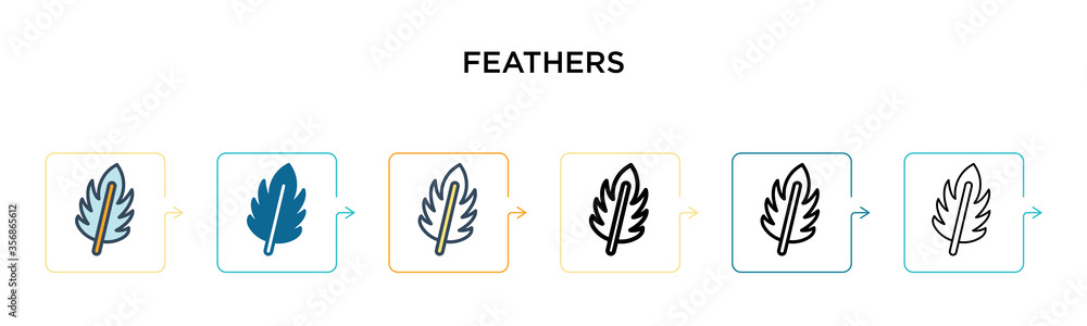 Poster feathers vector icon in 6 different modern styles. black, two colored feathers icons designed in fil