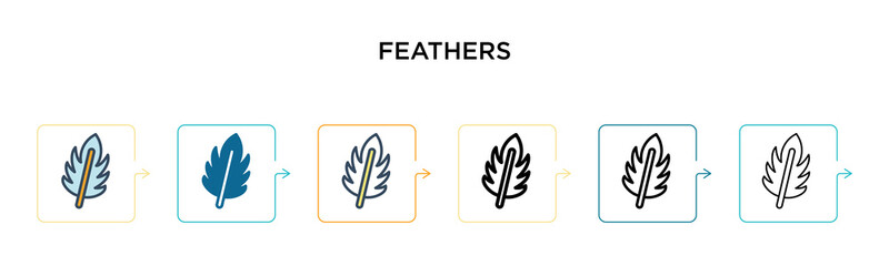 Feathers vector icon in 6 different modern styles. Black, two colored feathers icons designed in filled, outline, line and stroke style. Vector illustration can be used for web, mobile, ui