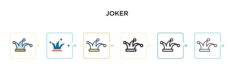 Joker vector icon in 6 different modern styles. Black, two colored joker icons designed in filled, outline, line and stroke style. Vector illustration can be used for web, mobile, ui