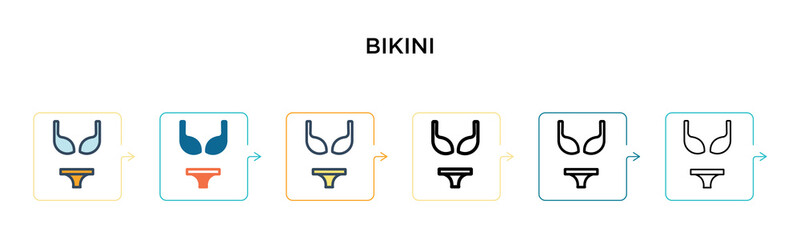 Bikini vector icon in 6 different modern styles. Black, two colored bikini icons designed in filled, outline, line and stroke style. Vector illustration can be used for web, mobile, ui