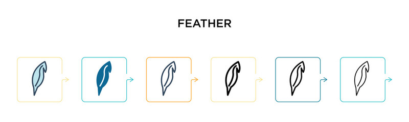Feather vector icon in 6 different modern styles. Black, two colored feather icons designed in filled, outline, line and stroke style. Vector illustration can be used for web, mobile, ui