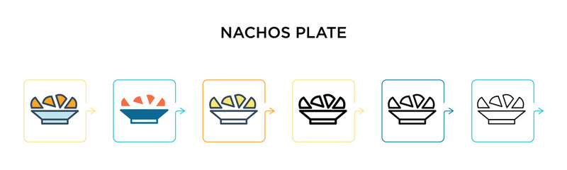 Nachos plate vector icon in 6 different modern styles. Black, two colored nachos plate icons designed in filled, outline, line and stroke style. Vector illustration can be used for web, mobile, ui