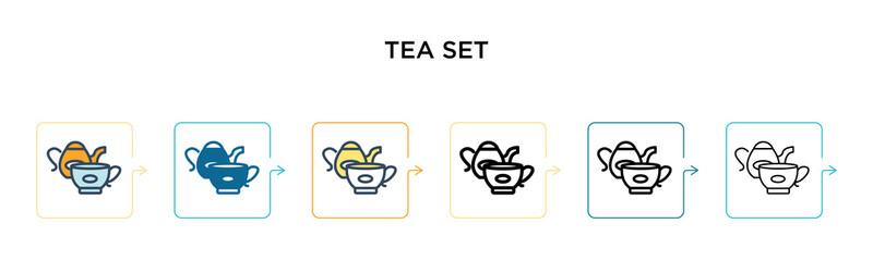Tea set vector icon in 6 different modern styles. Black, two colored tea set icons designed in filled, outline, line and stroke style. Vector illustration can be used for web, mobile, ui