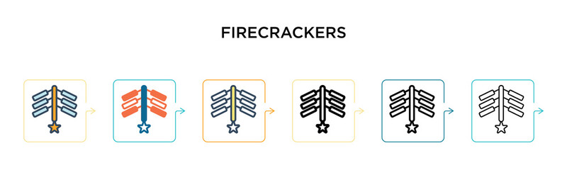 Firecrackers vector icon in 6 different modern styles. Black, two colored firecrackers icons designed in filled, outline, line and stroke style. Vector illustration can be used for web, mobile, ui