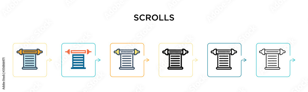 Poster scrolls vector icon in 6 different modern styles. black, two colored scrolls icons designed in fille